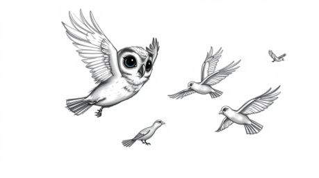 A heartwarming Pixar-style hand-drawn sketch depicts a blind owl, its feathers delicately rendered with textured pencil strok