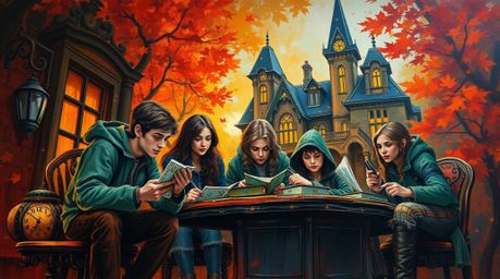 A captivating acrylic painting depicts a group of teens unraveling mysteries within a haunted mansion.  Warm autumnal hues an