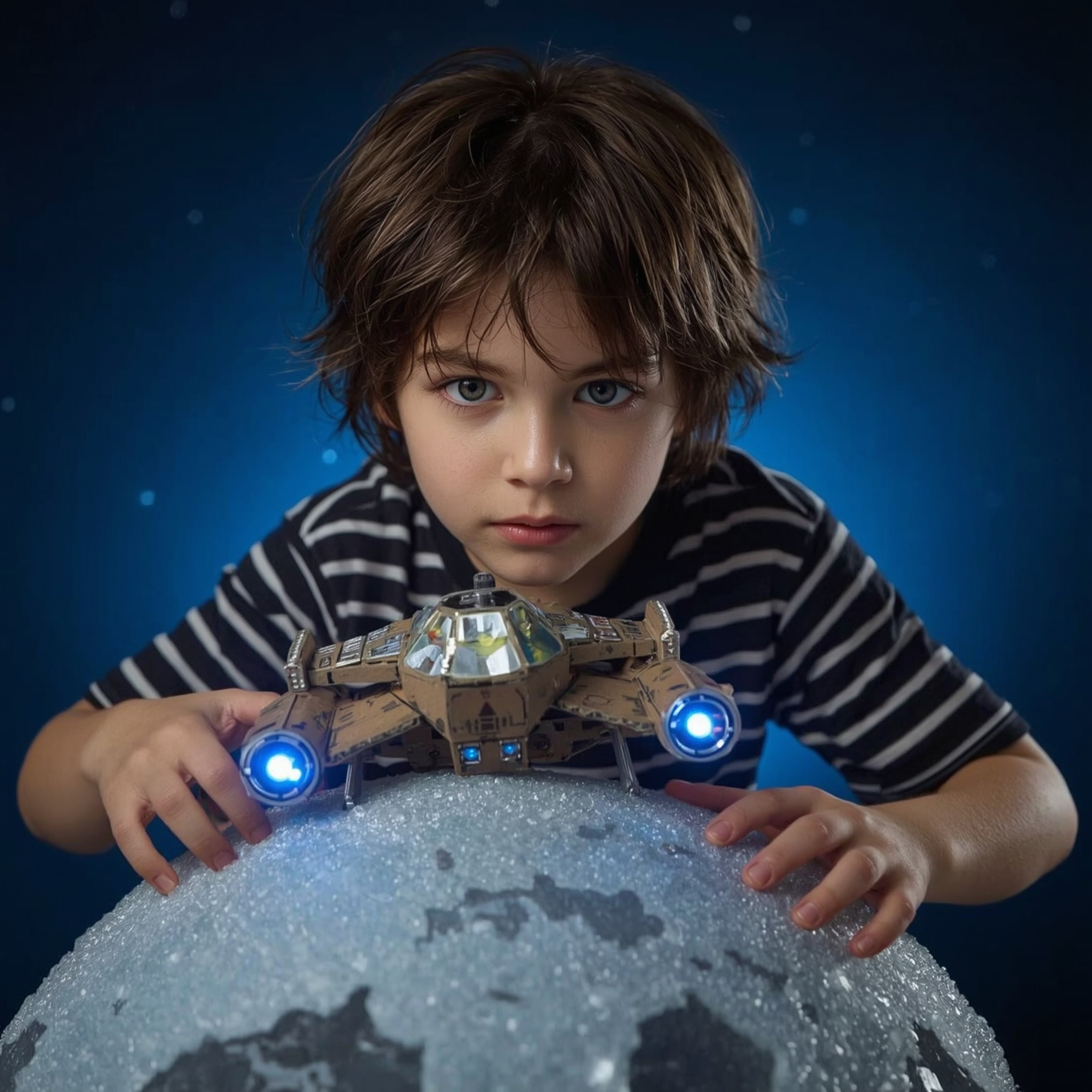 Discover exquisite high-fashion photography of a young boy with bright blue eyes, building an intricately designed cardboard 