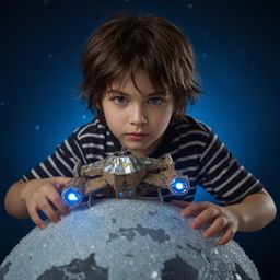 Discover exquisite high-fashion photography of a young boy with bright blue eyes, building an intricately designed cardboard 