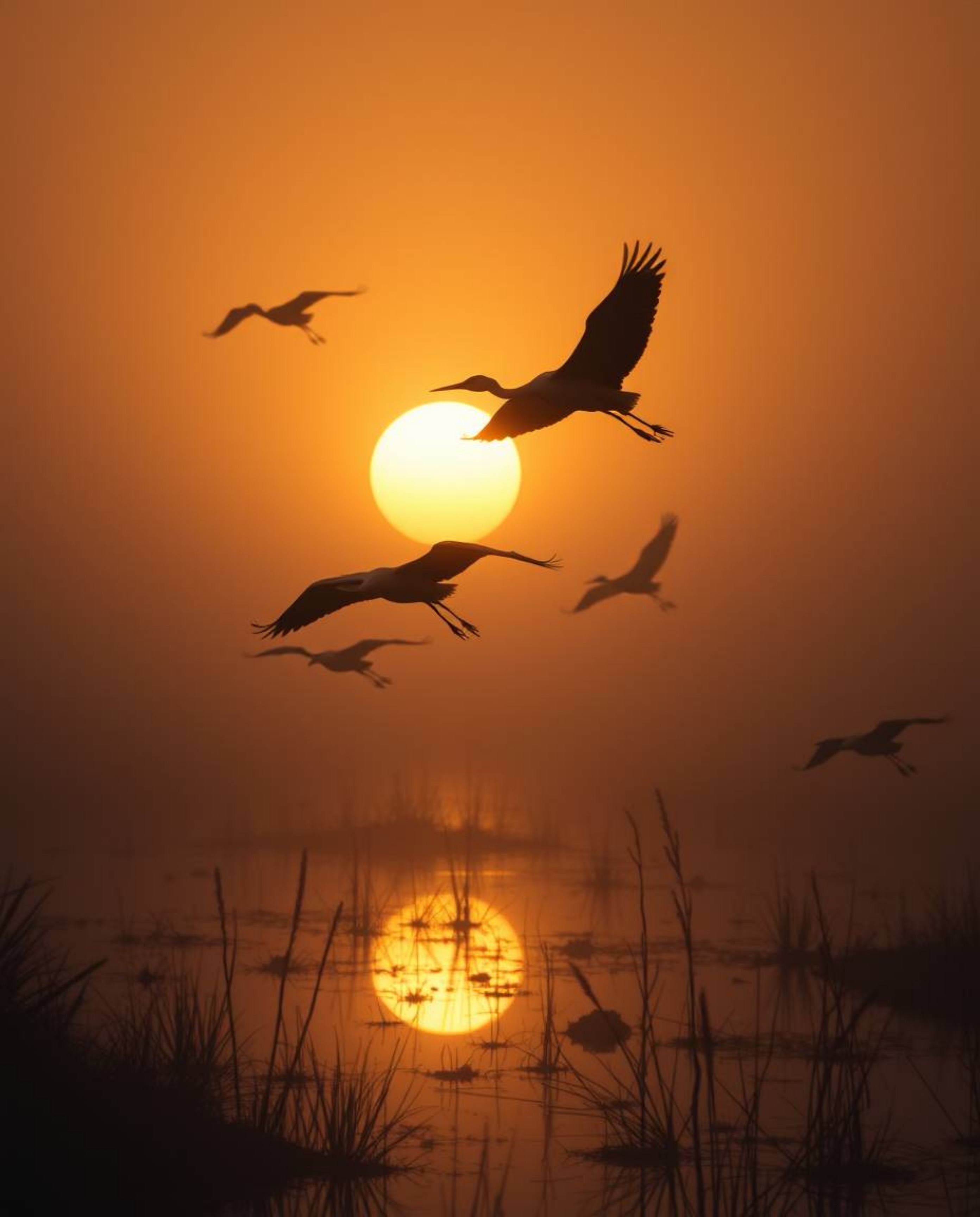 A dreamlike and surreal image of silhouetted herons flying in a golden hour wetlands scene. This photograph captures a soft, 