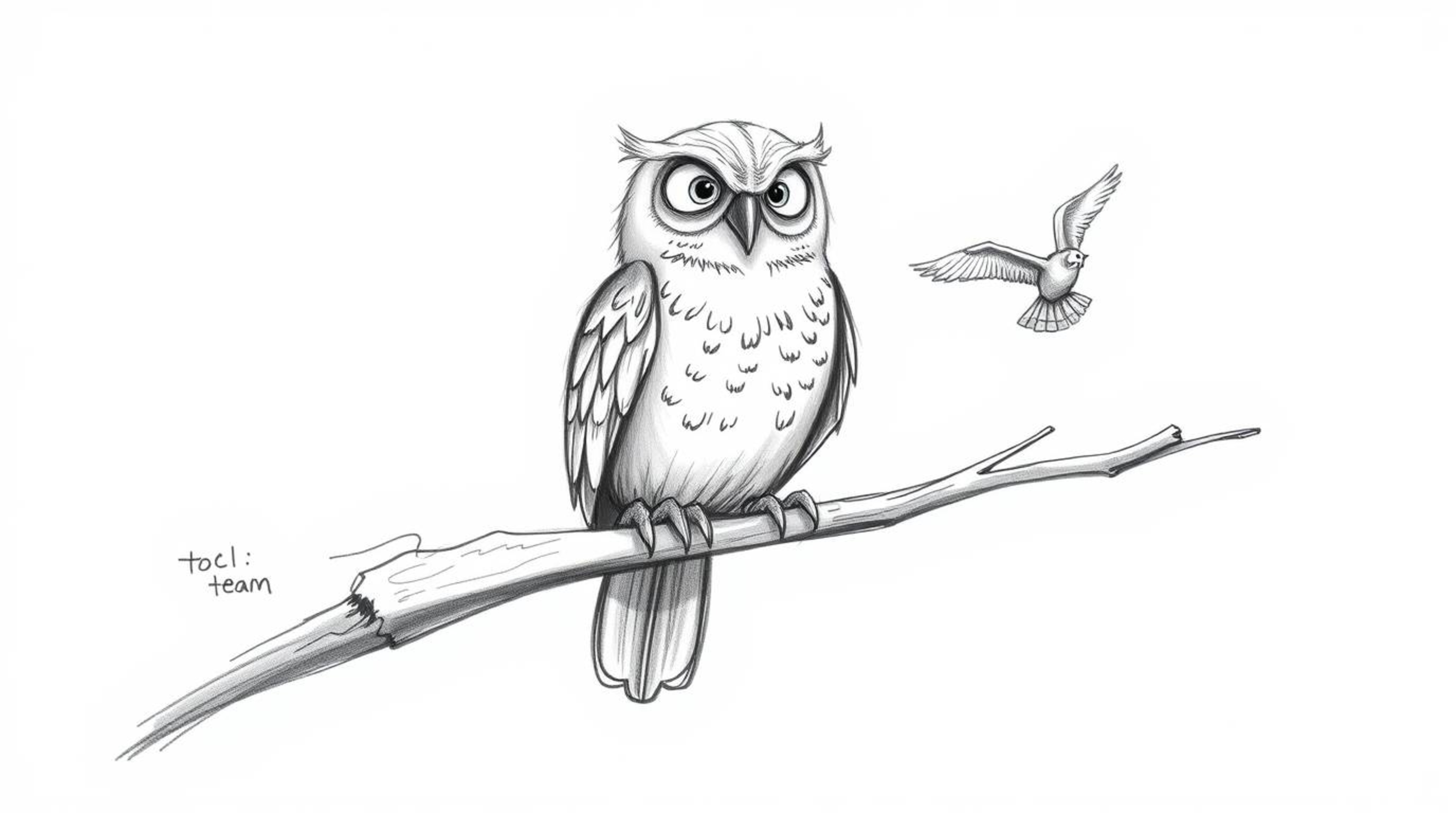 A charming, hand-drawn Pixar-esque sketch depicts a blind owl perched on a hollow branch, patiently teaching birds how to fly