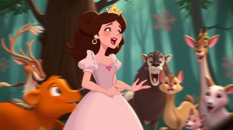 A captivating scene depicts a princess with intentionally blurred features, dynamically singing alongside forest animals. Thi