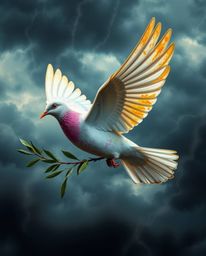 A stunning portrayal of a dove carrying an olive branch across a turbulent, stormy sky, rendered in electric, vivid colors an