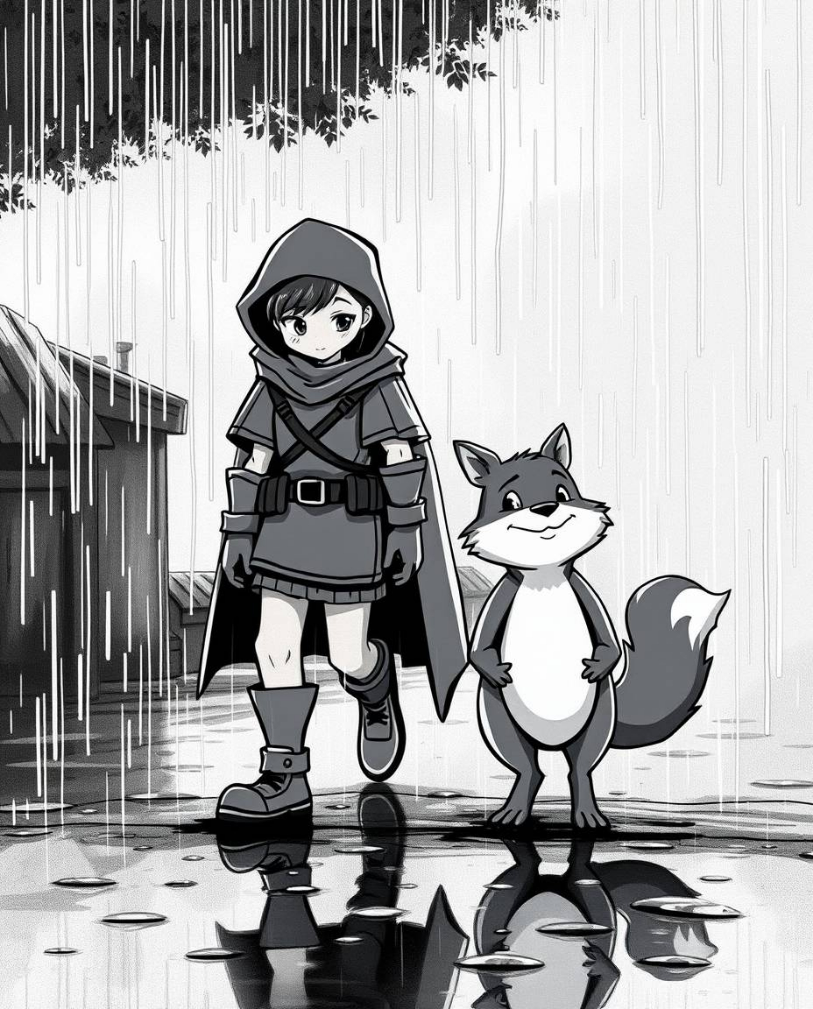 A classic black and white scene depicting a hero accompanied by a talking animal sidekick on a rainy journey, enhanced with r