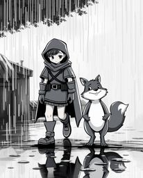 A classic black and white scene depicting a hero accompanied by a talking animal sidekick on a rainy journey, enhanced with r