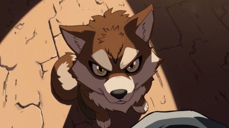 A high-angle, Isekai-style anime illustration showcases a sarcastic animal sidekick with expressive eyes. Strong, hard light