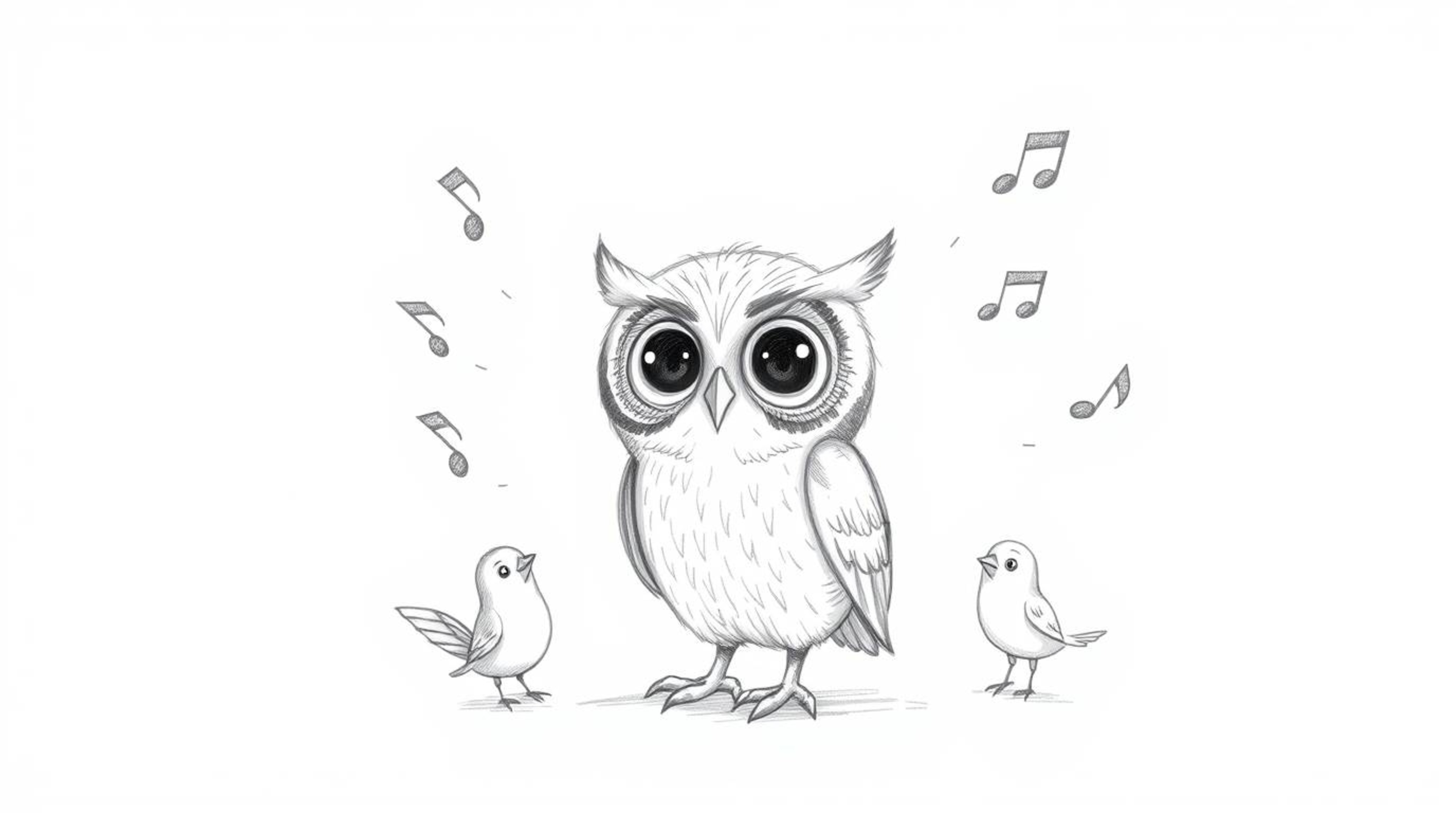 A hand-drawn pencil sketch depicts a Pixar-esque blind owl with textured strokes on a white background.  This wise owl, despi