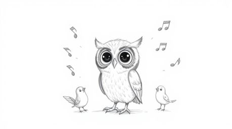 A hand-drawn pencil sketch depicts a Pixar-esque blind owl with textured strokes on a white background.  This wise owl, despi