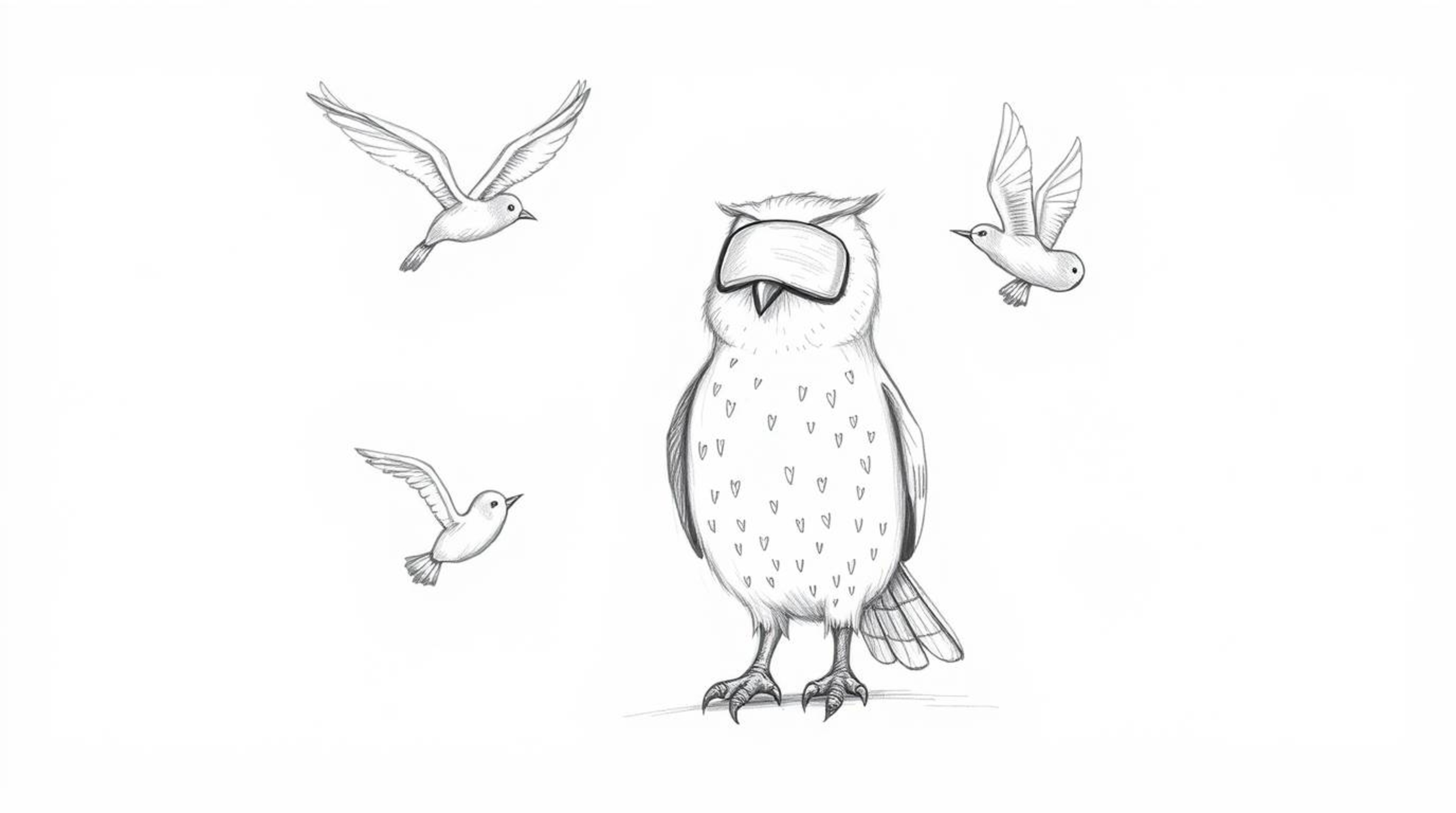 This artwork features a heartwarming hand-drawn pencil sketch of a blind owl imparting its wisdom to birds learning to fly. R