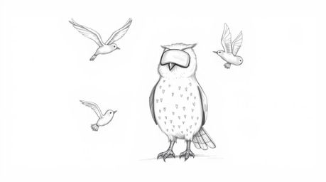 This artwork features a heartwarming hand-drawn pencil sketch of a blind owl imparting its wisdom to birds learning to fly. R