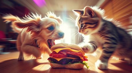 A captivating image depicts a dynamic struggle between a dog and a cat vying for a delicious sandwich.  The scene is vibrant 