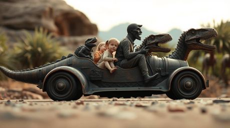 A captivating image depicts a prehistoric family enjoying a thrilling ride in a dinosaur-shaped car, rendered in bronze with 