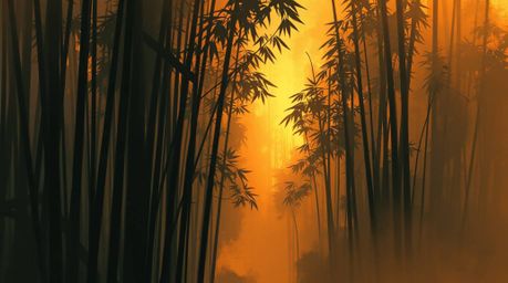This artwork depicts a bamboo forest bathed in the warm hues of a setting sun. Utilizing high-contrast, low-key lighting and 