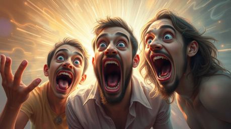 A vibrant digital painting captures a hilarious gross-out comedy moment with exaggerated expressions.  This artwork radiates 
