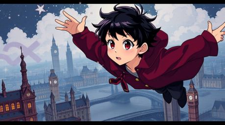 An Isekai anime-style illustration featuring a young boy with expressive eyes and dark hair flying with pixie dust above a st
