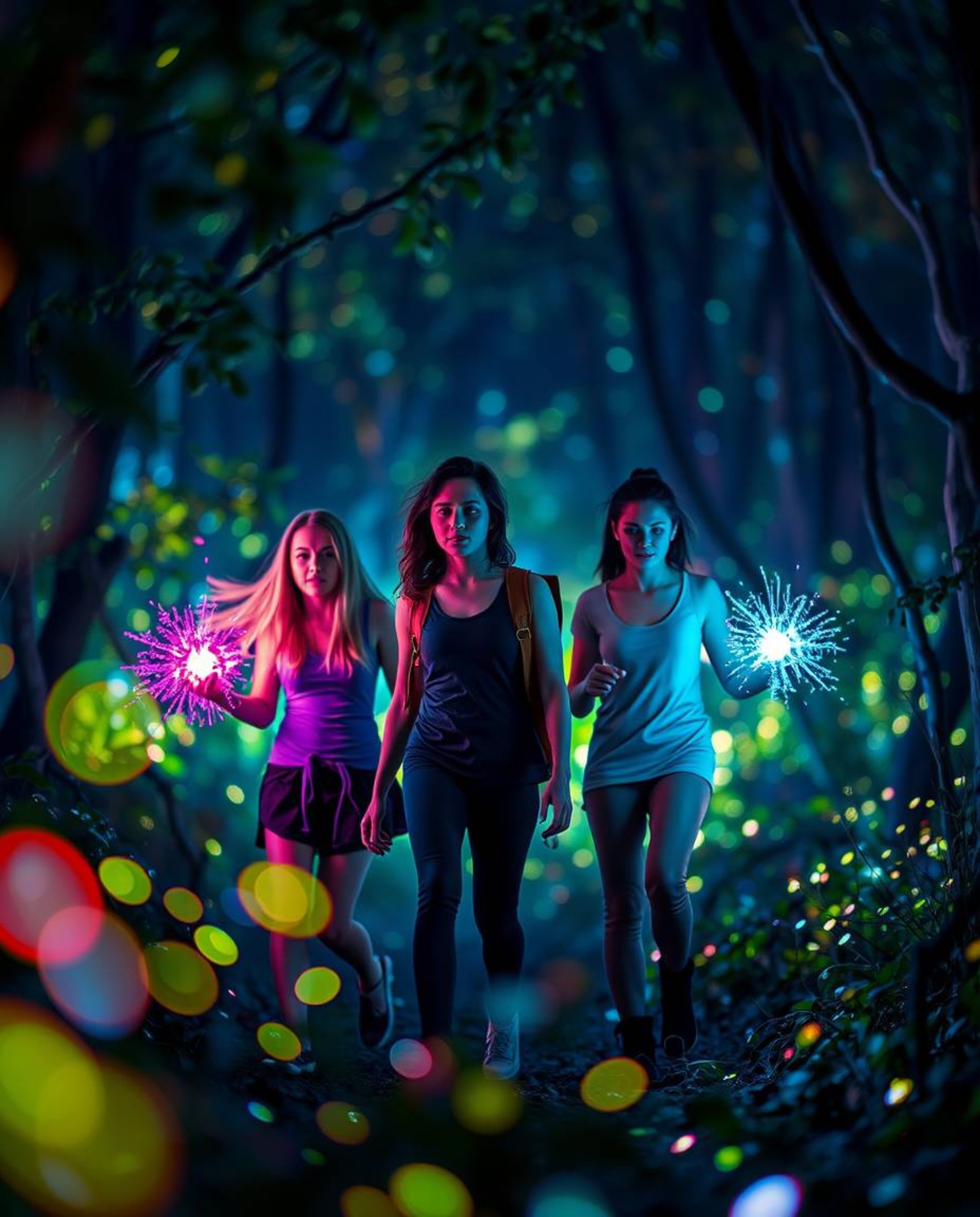 A captivating scene depicts a group of friends, each possessing unique abilities, venturing into a mesmerizing bioluminescent