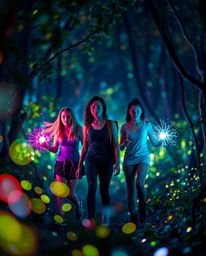 A captivating scene depicts a group of friends, each possessing unique abilities, venturing into a mesmerizing bioluminescent