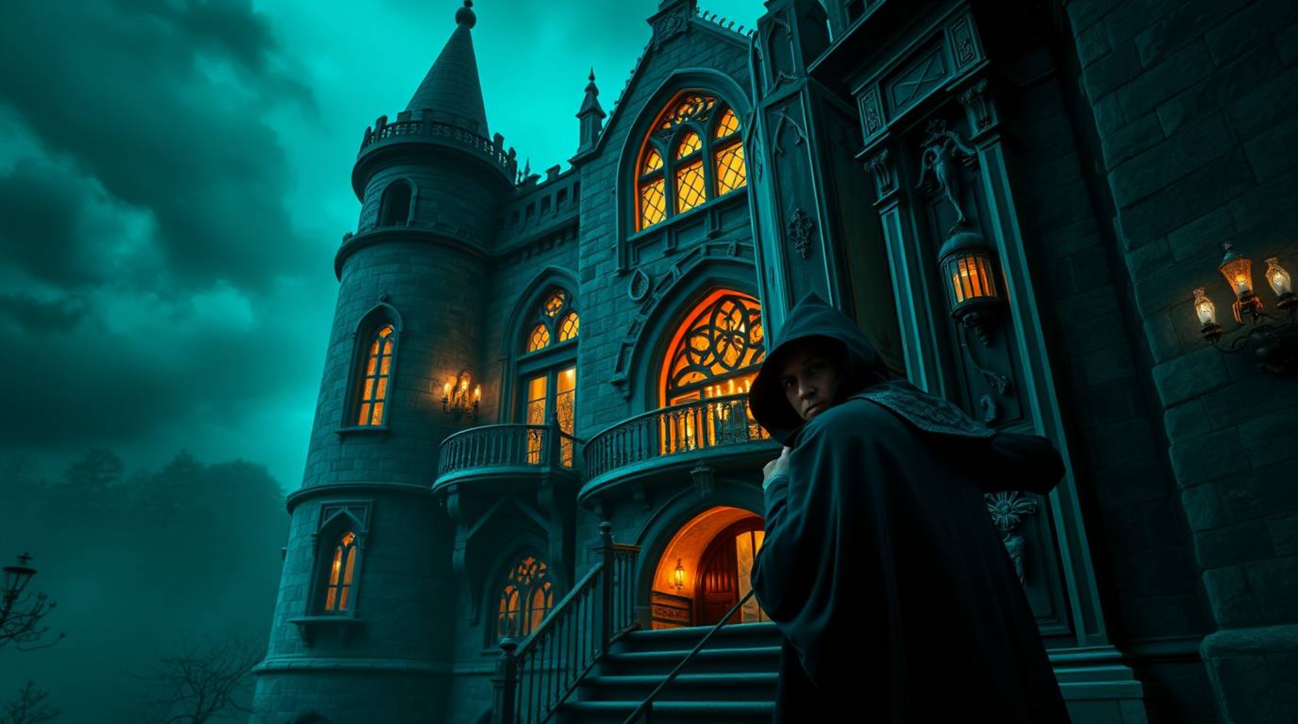 A captivating high-resolution stock photo depicts a thief stealthily entering a luxurious and vibrant castle, enveloped in an