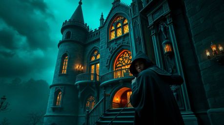 A captivating high-resolution stock photo depicts a thief stealthily entering a luxurious and vibrant castle, enveloped in an