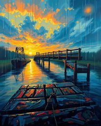 A bold acrylic painting captures an old wooden bridge over a river at sunset, viewed from a dramatic bird's eye perspective. 