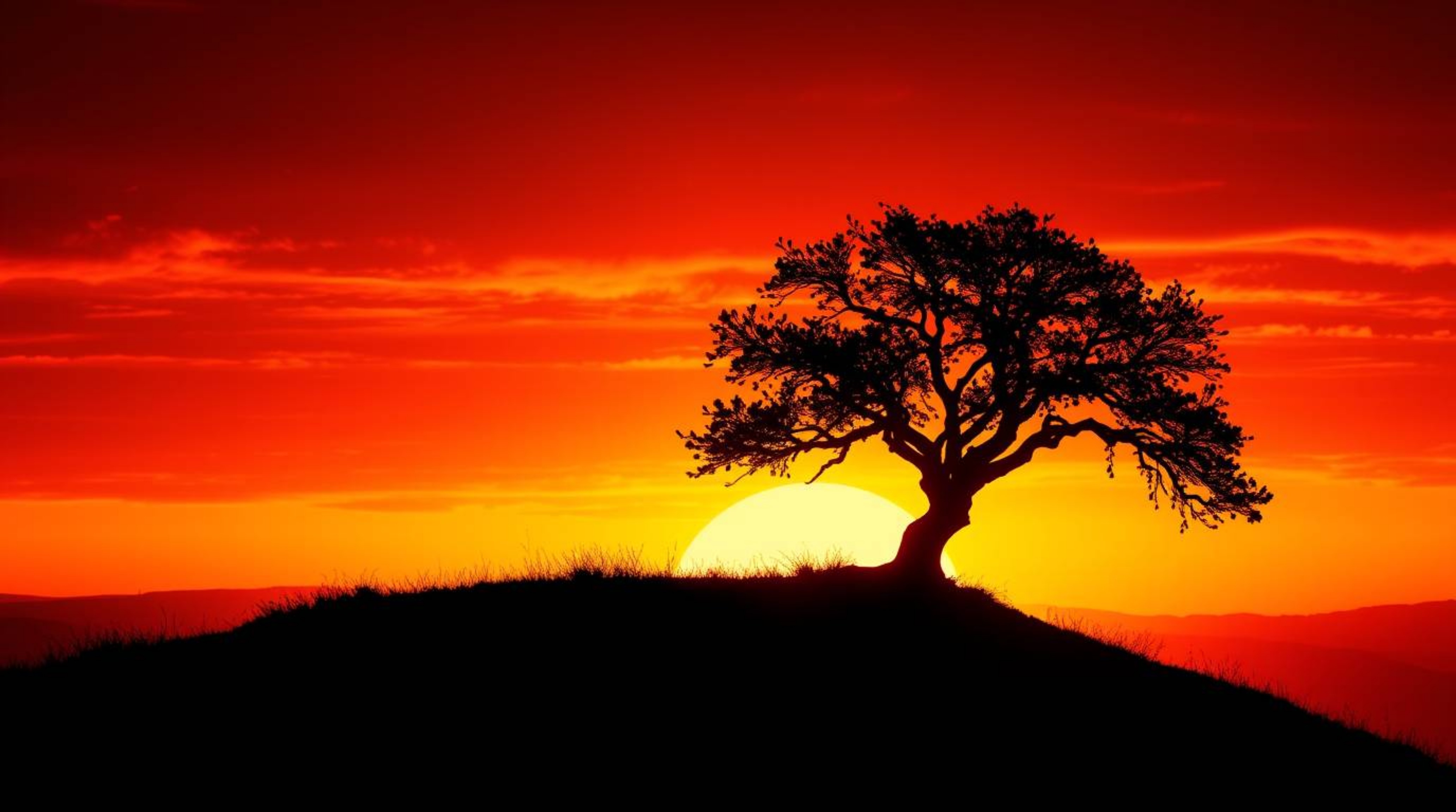 Capture the captivating beauty of a lone tree silhouetted against a fiery sunset. This image features intense dramatic lighti