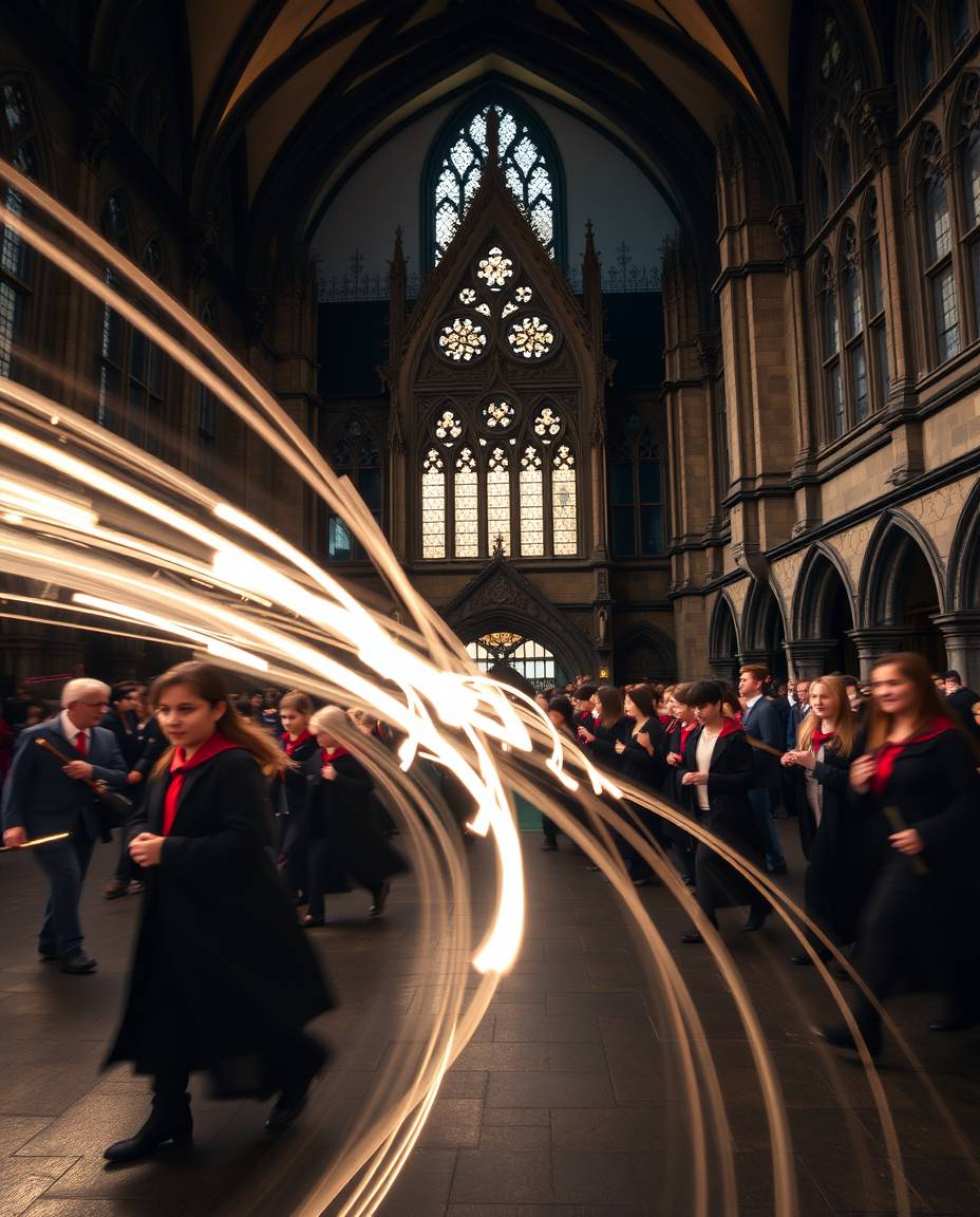 Capture the enchanting atmosphere of a magical school teeming with young wizards in a stunning long exposure photograph. The 