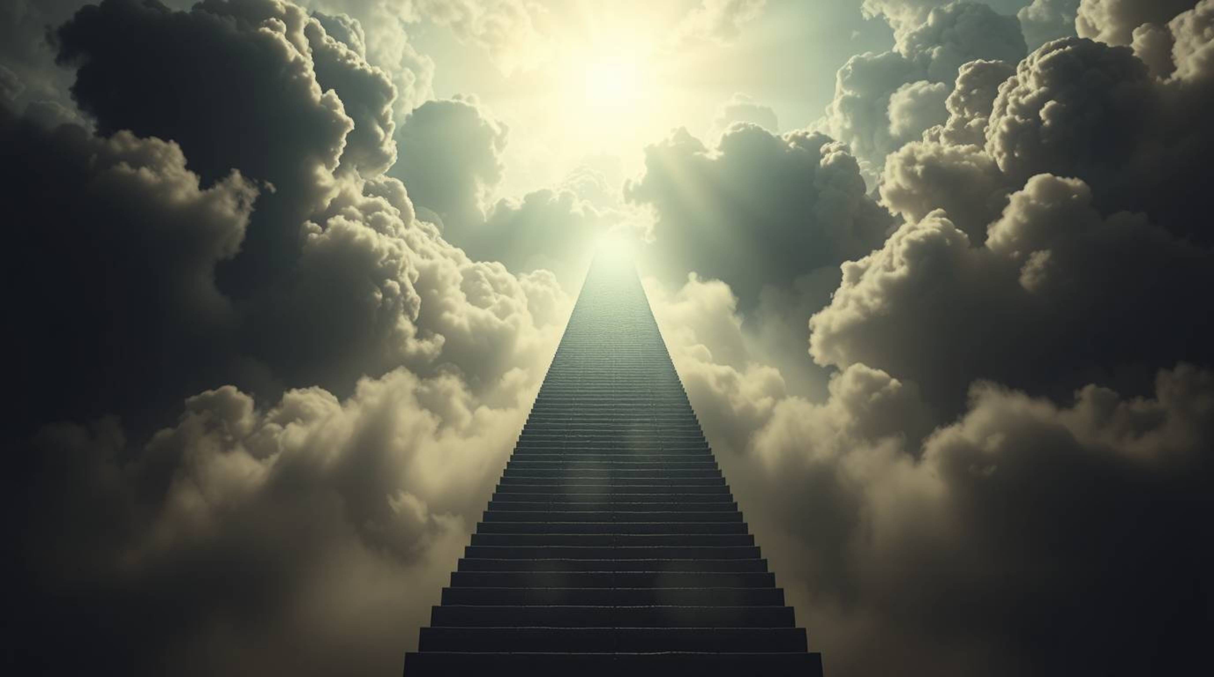 Experience an epic and grand scene depicting a surreal stairway ascending through smoky clouds towards a celestial light. Thi