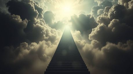 Experience an epic and grand scene depicting a surreal stairway ascending through smoky clouds towards a celestial light. Thi