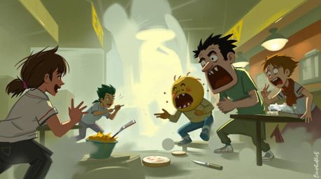 A dynamic digital sketch depicts a chaotic cartoon cafeteria food fight.  Loose painterly strokes and a misty atmosphere crea