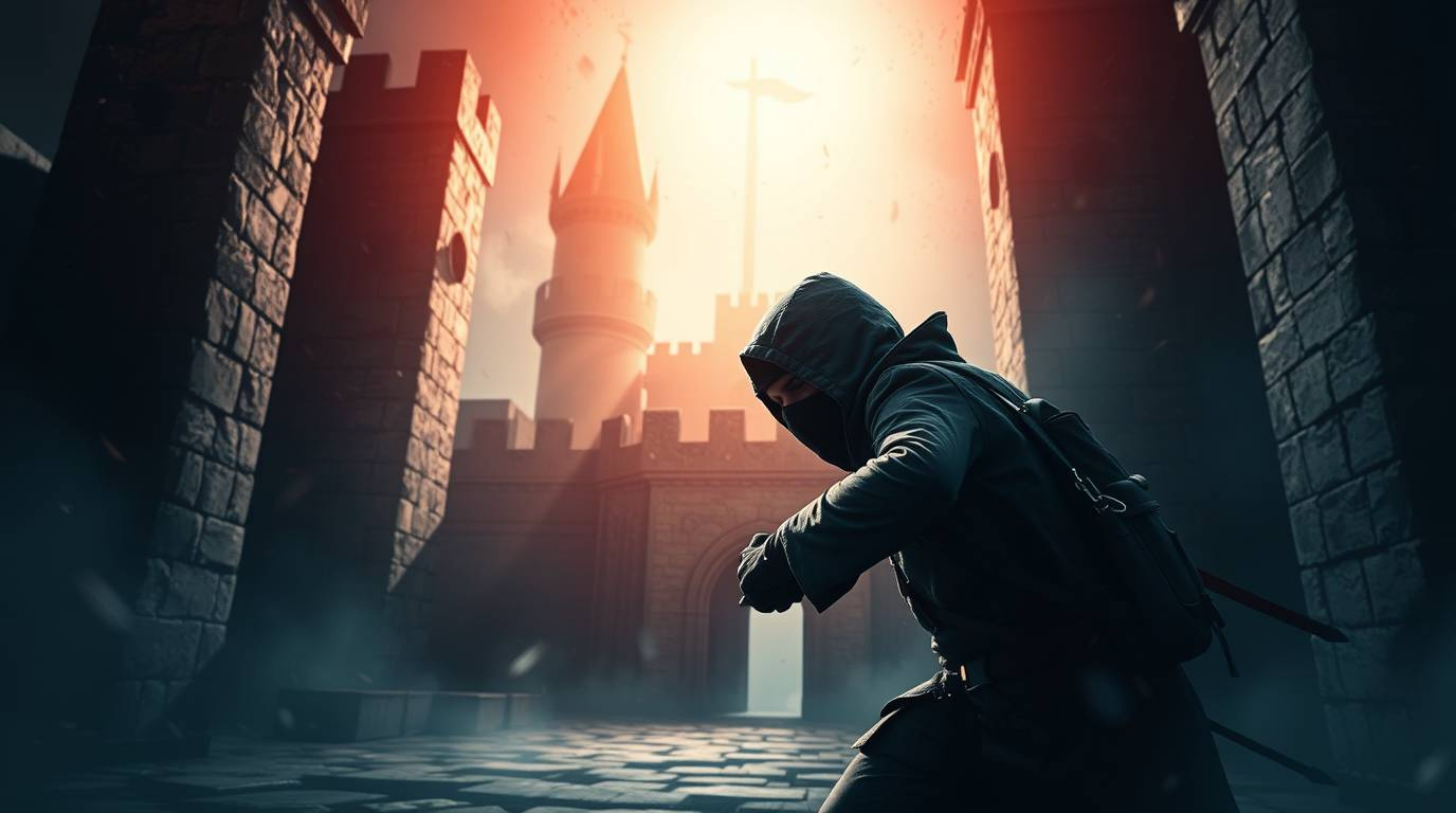 A high-resolution stock photo showcasing a thief stealthily entering a heavily guarded castle.  Professionally lit with creat