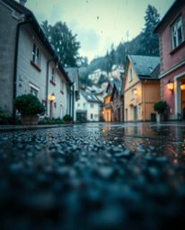 Experience the tranquility of a sleepy town depicted in a stunning watercolor style. This extreme macro close-up captures the