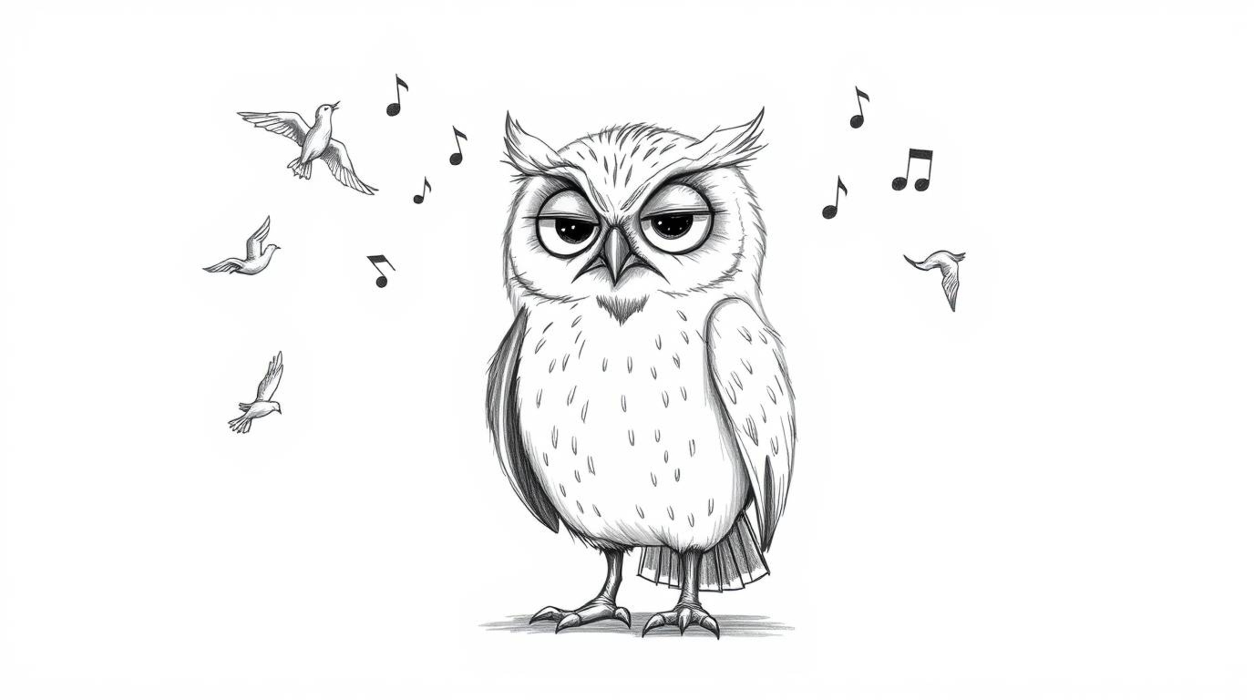 A captivating image of a blind owl with soft, textured feathers imparting its wisdom to birds, teaching them how to fly.  Ren