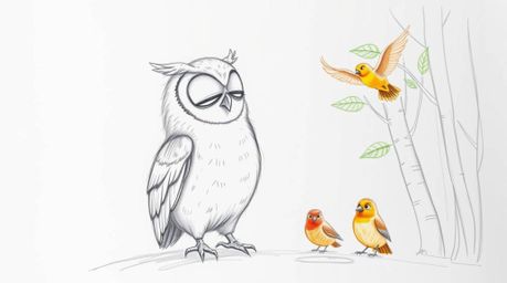 A charming hand-drawn sketch depicts a blind owl, rendered in the style of Pixar, gently instructing bright-colored birds in 