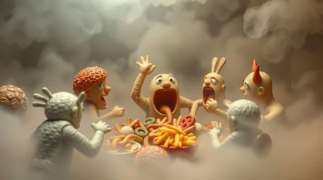 A whimsical clay sculpture depicts a chaotic cartoon food fight in a cafeteria.  Rendered with textured, modeled shapes and s