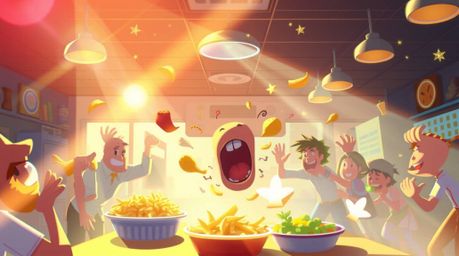 A whimsical and dreamy animation depicting a chaotic food fight in a cartoon cafeteria.  The scene is bursting with vibrant c