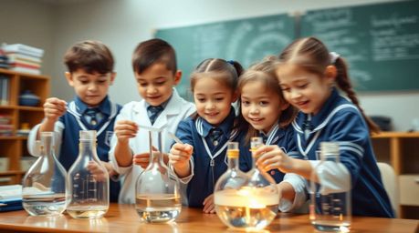 Capture the vibrant energy of children engrossed in science experiments! This long exposure photograph showcases adorable kid
