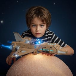 A captivating high-fashion photograph depicts a young boy with bright blue eyes and messy brown hair, engrossed in building a
