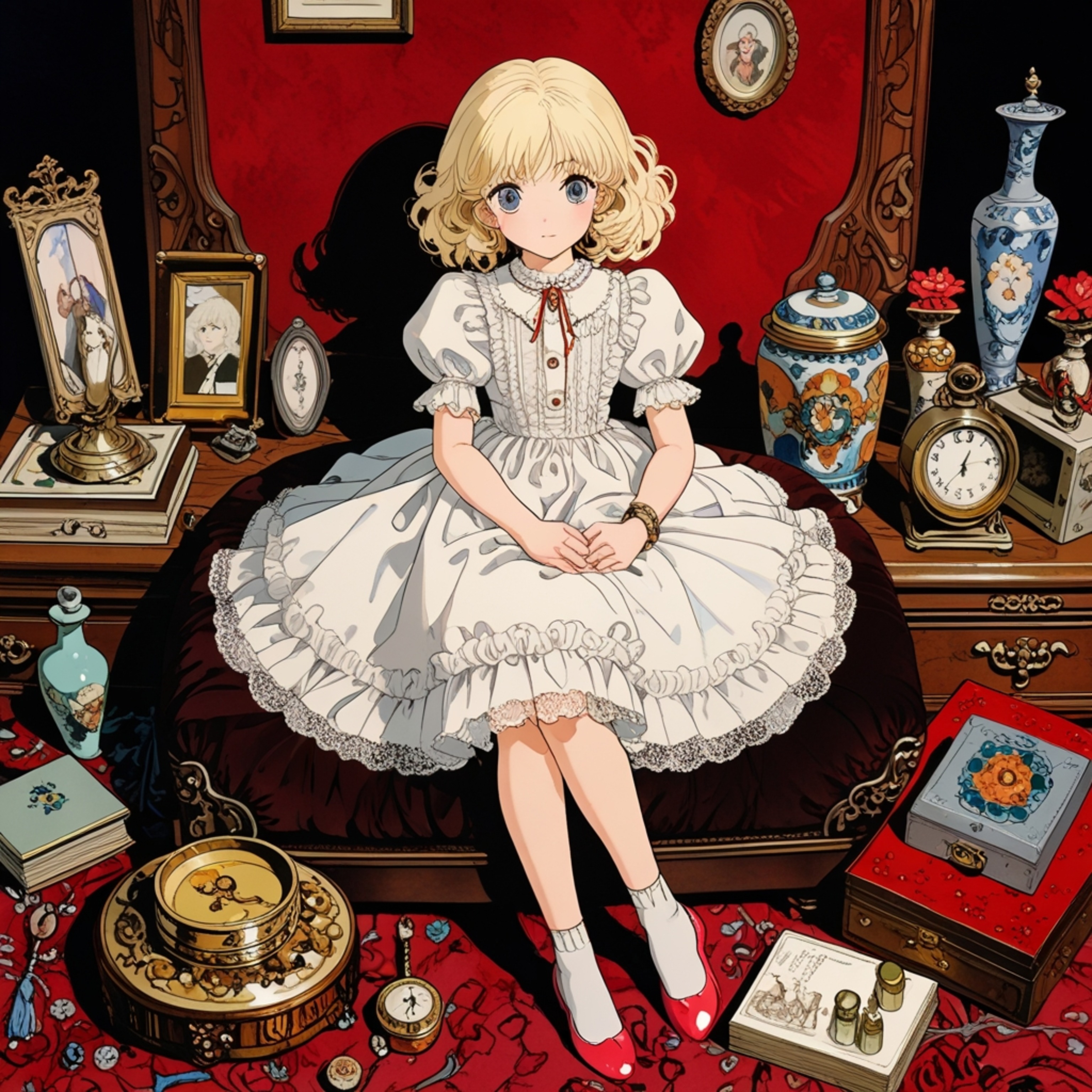 Discover the charm of a delicate porcelain doll, gracefully adorned in a lace dress and perched upon a luxurious velvet cushi