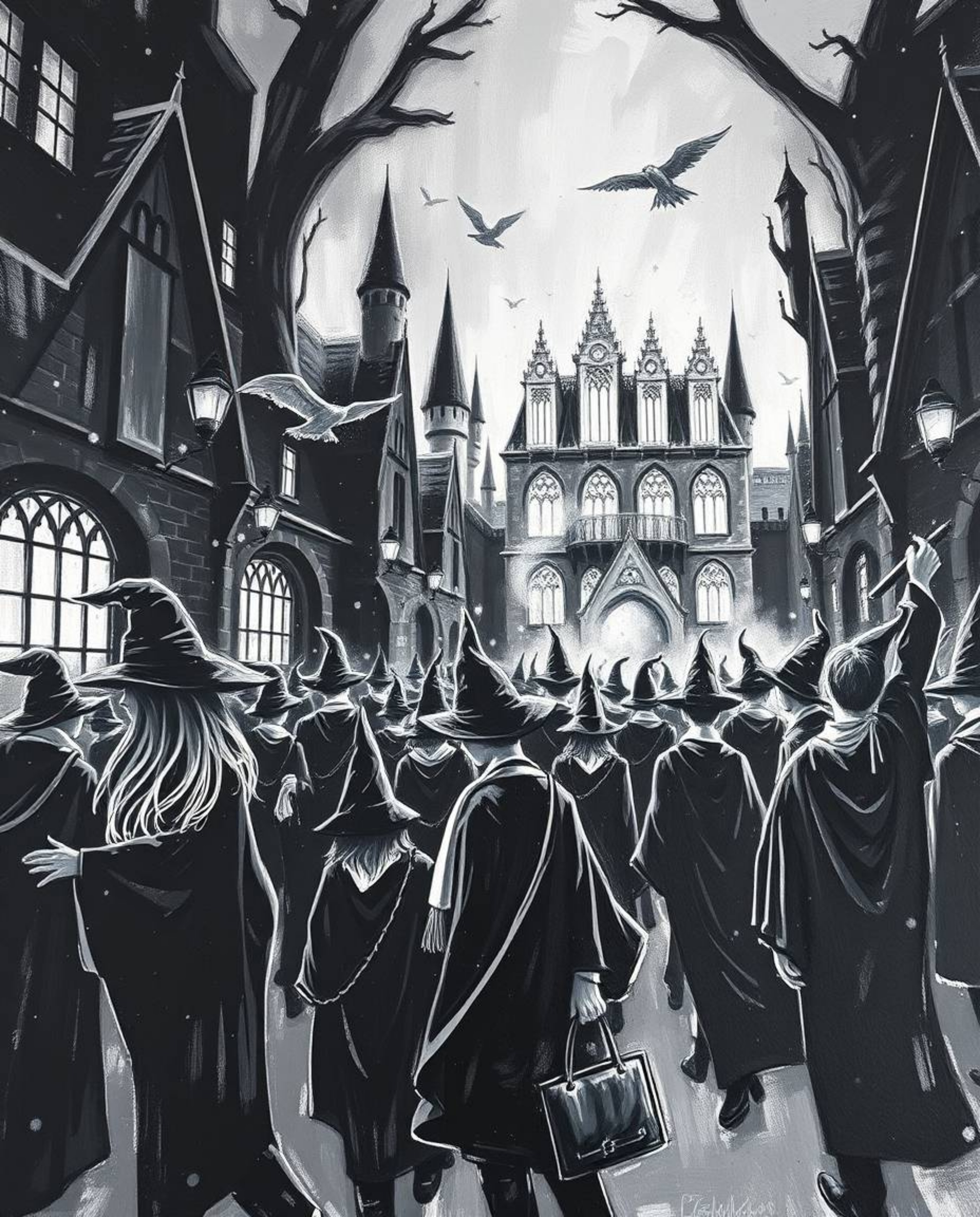 This captivating acrylic painting depicts a magical school teeming with young wizards, rendered in a bold and timeless black 