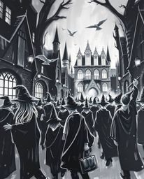 This captivating acrylic painting depicts a magical school teeming with young wizards, rendered in a bold and timeless black 