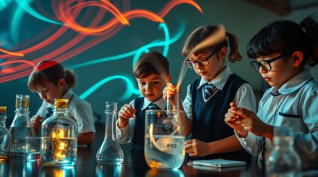 A captivating long exposure photograph showcases quirky children in school uniforms conducting exciting science experiments. 