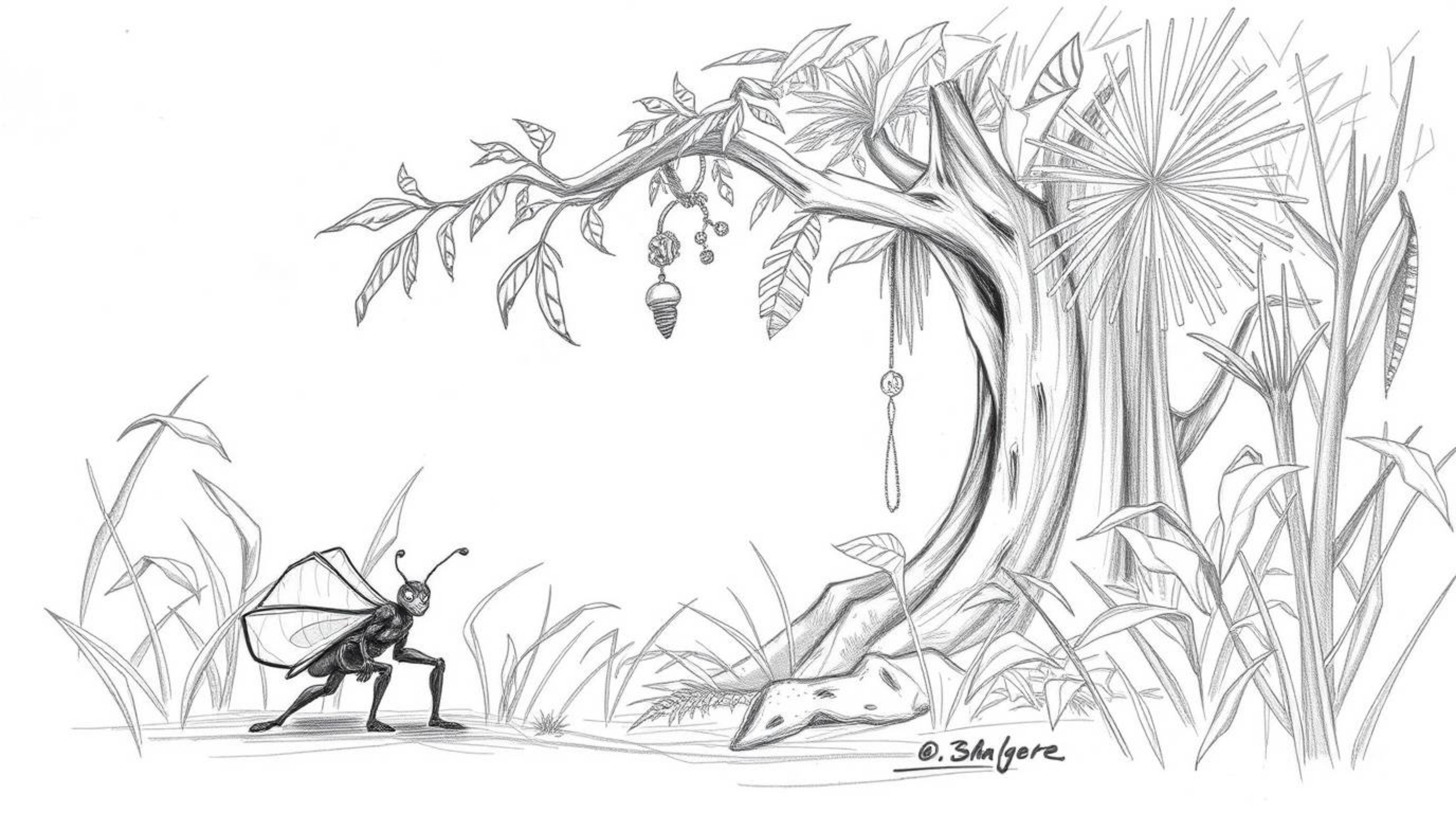 Explore a world of miniature heroism with a hand-drawn sketch depicting a bug-sized hero navigating a backyard jungle. This e