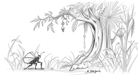 Explore a world of miniature heroism with a hand-drawn sketch depicting a bug-sized hero navigating a backyard jungle. This e