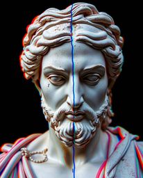 Experience the captivating fusion of classical art and digital disruption in this extreme macro close-up of a sculpture. Witn