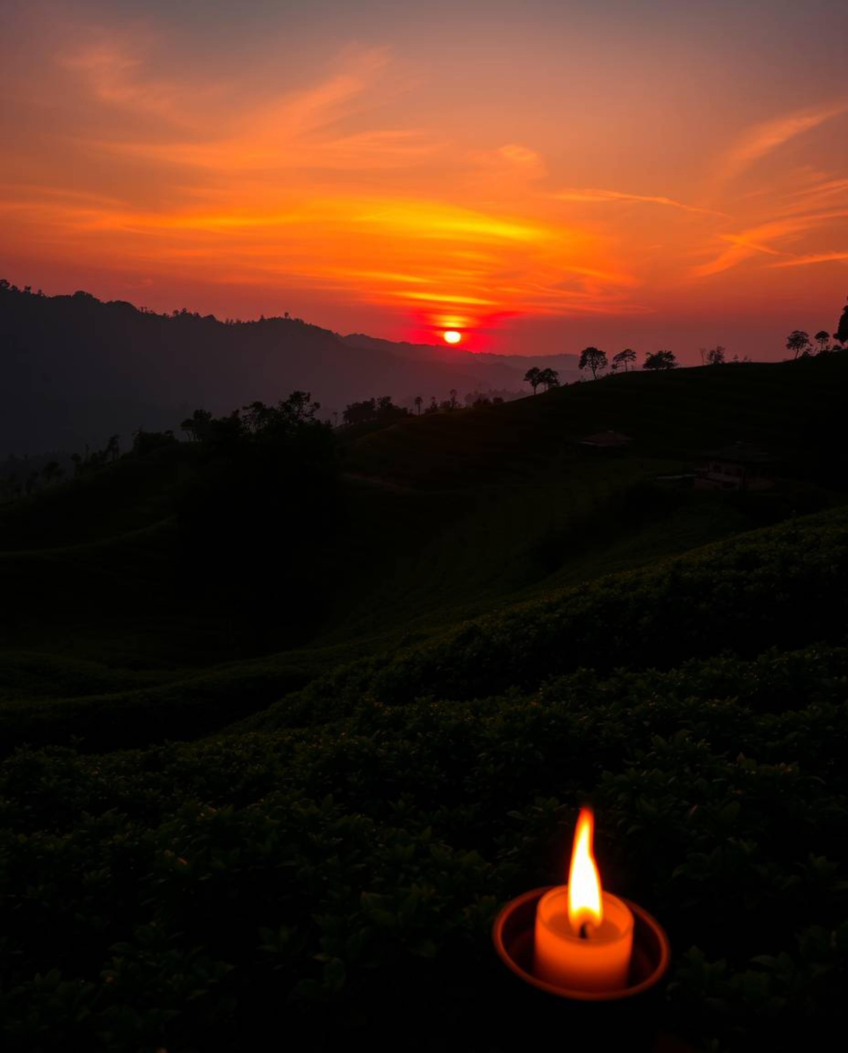 This artwork captures a warm sunset over terraced tea plantations, bathed in a rich palette of reds, oranges, and yellows. Th