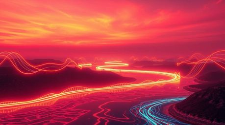 A captivating light art piece showcases a winding river illuminated with artistic lighting, creating abstract patterns under 