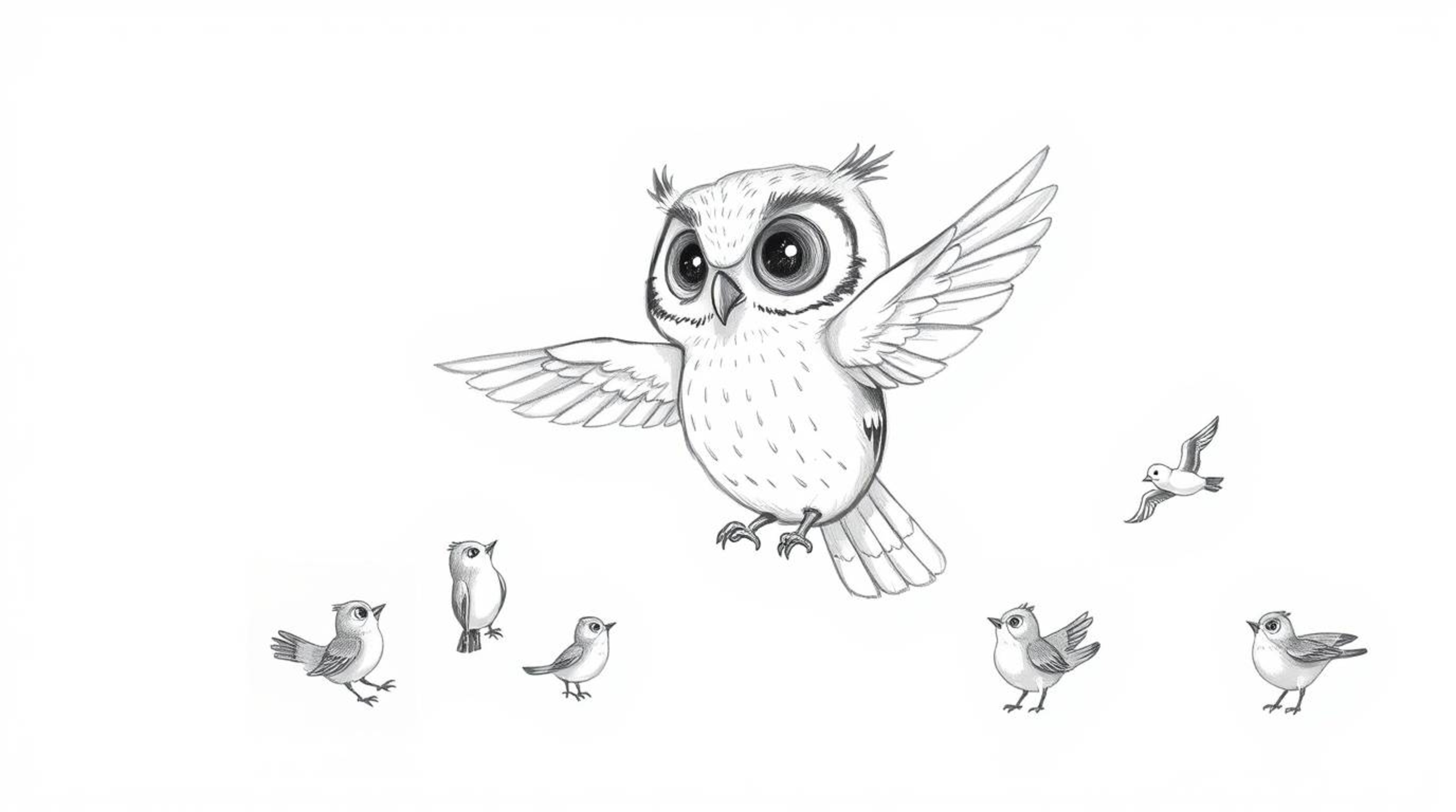 A heartwarming, hand-drawn sketch in the style of Pixar depicts a wise, blind owl patiently teaching a diverse group of birds