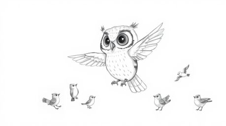 A heartwarming, hand-drawn sketch in the style of Pixar depicts a wise, blind owl patiently teaching a diverse group of birds