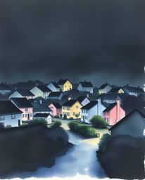 This captivating watercolor painting depicts a sleepy town bathed in soft, diffused light. Pastel-colored houses create a gen